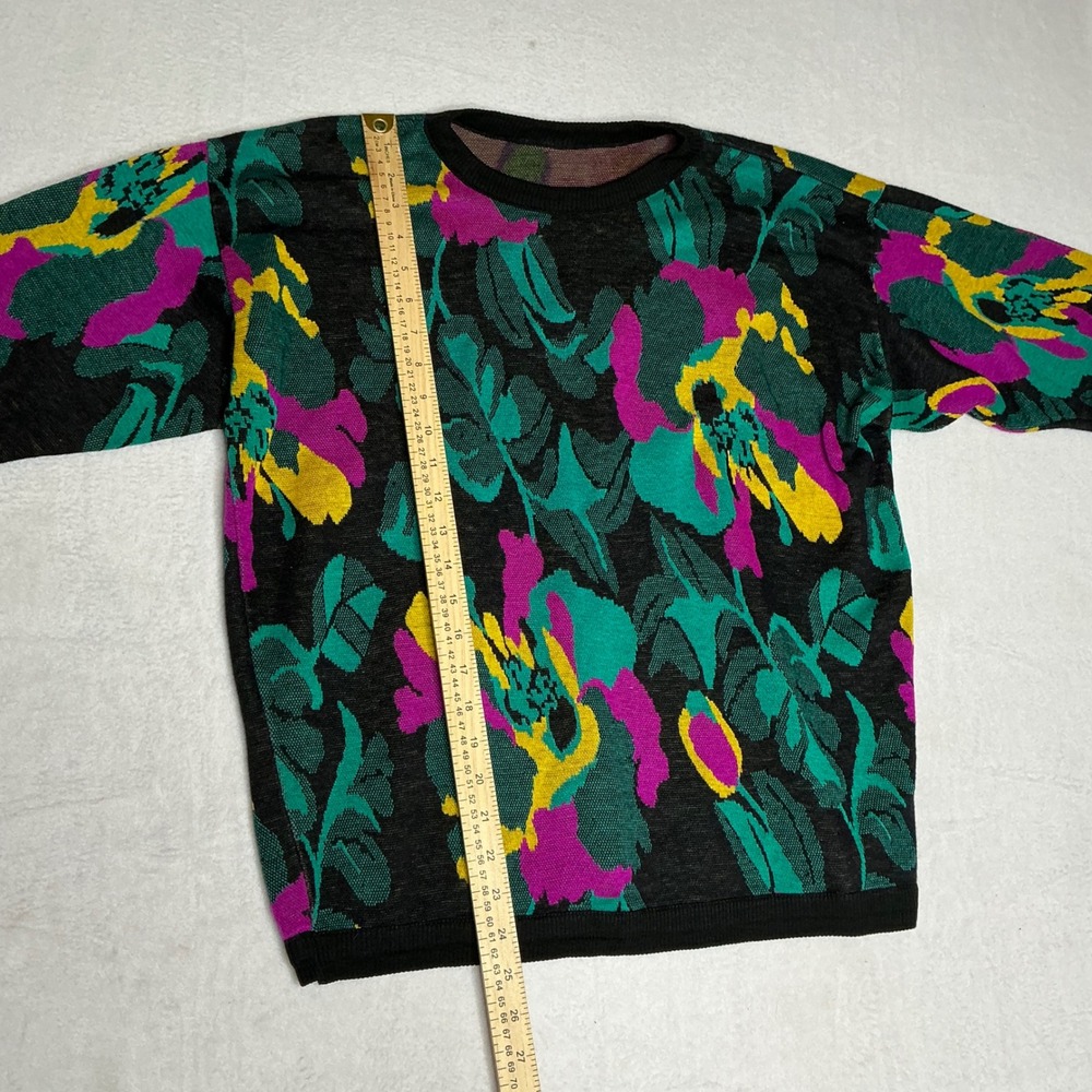 Vibrant Floral Print Crew Neck Long Sleeve Knit Sweater Black Multi Color - Picture 4 of 5